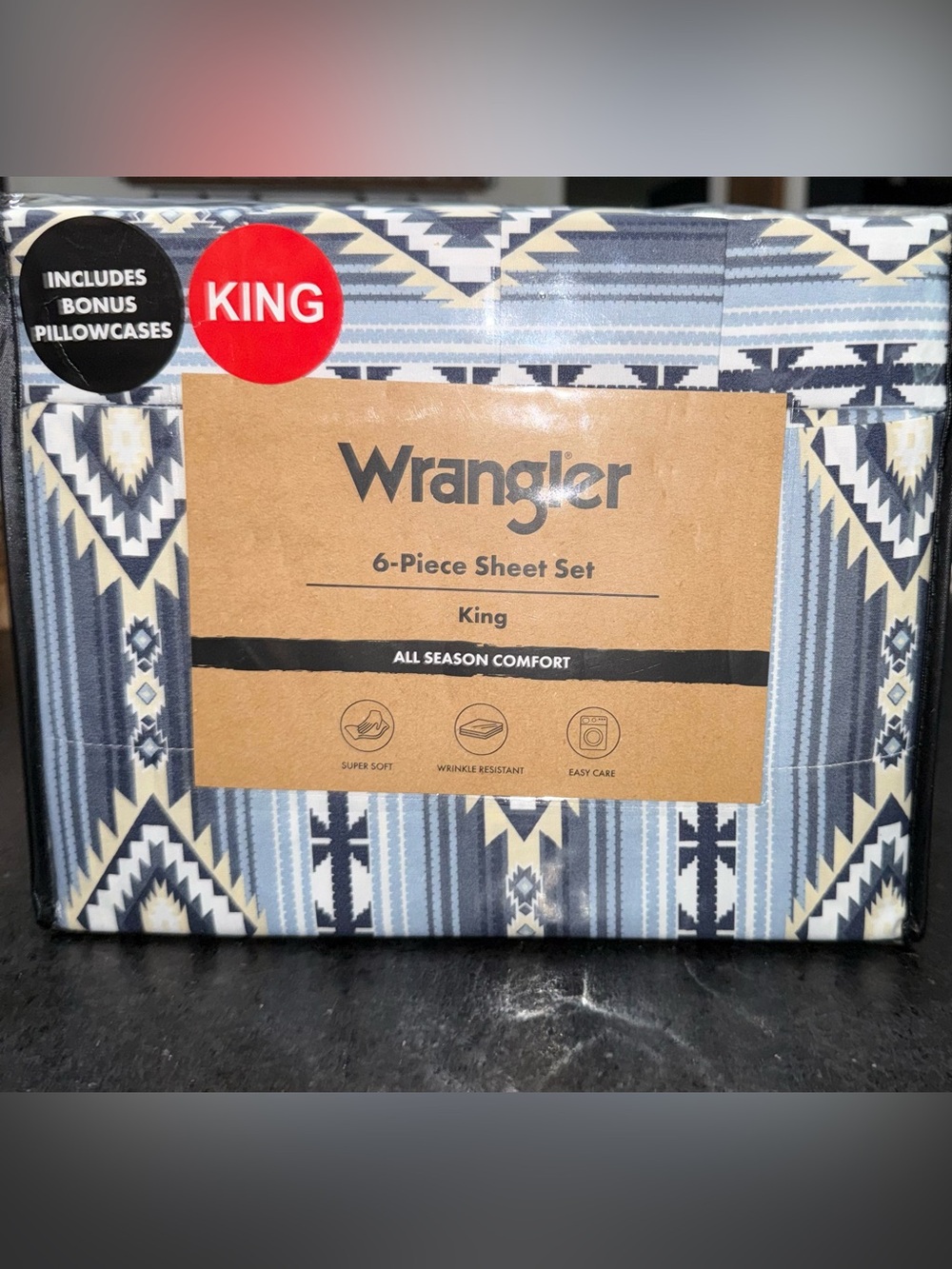 NEW WRANGLER KING RYDER AZTEC BLUE CREAM NAVY 6 PIECE SHEET SET 4 PILLOWCASES